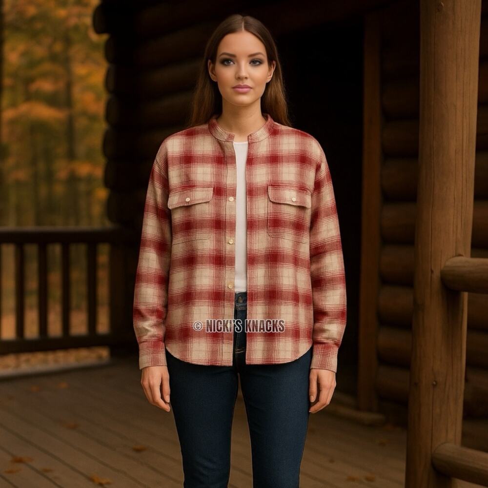 AG Adriano Goldschmied Smith Shirt Jacket in Natural/Tannic Red Plaid Size M